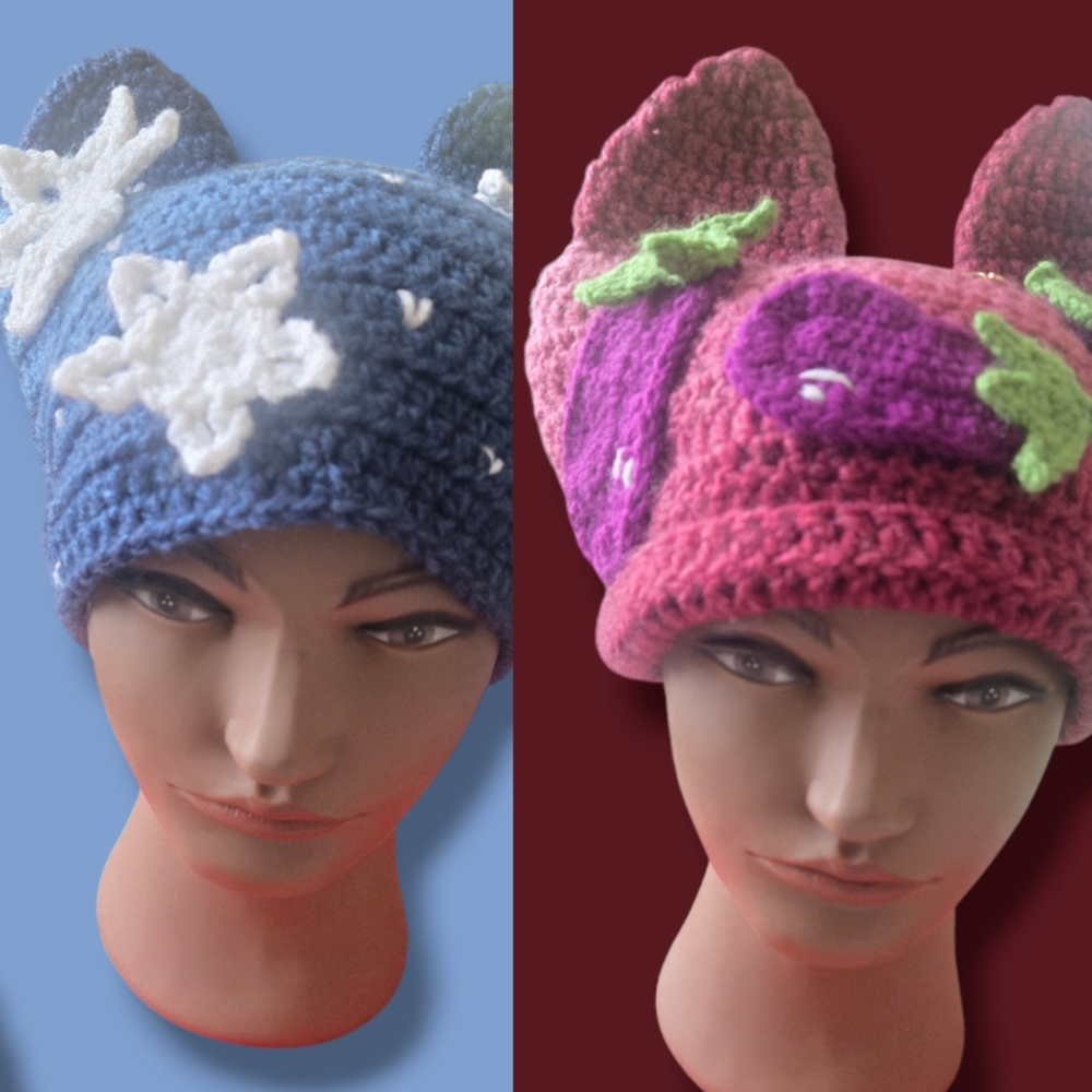 "Winter Wonderland" & " Eggplant" Stand-Up Cat Beanie,  Adult, HandmadeByMe,
